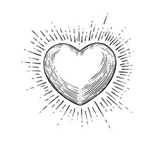 Heart With Rays. Vector Black Vintage Engraving Illustration Isolated On A White Background. For Web, Poster, Info Graphic.