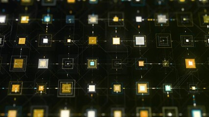 Poster - Abstract electrical signals in electronic circuit. Animation. Circuit board and CPU with connections and impulses, technology and digital concept.