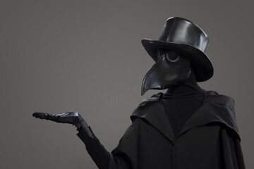 Wall Mural - The plague doctor points to a gray background.