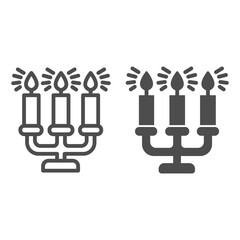 Poster - Antique candlestick with burning candles line and solid icon, Christmas concept, candelabrum sign on white background, rarity candlestick icon in outline style for mobile concept. Vector graphics.