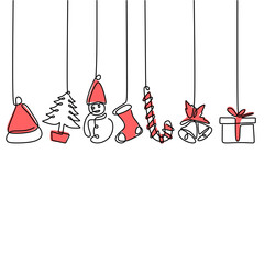 Wall Mural - Continuous line hanging christmas tree, gift box, star, love, christmas hat and sock. Merry Christmas and Happy New Year theme isolated on white background. Hand-drawn line art minimalism design