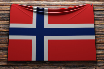 Wall Mural - 3D illustration of the national   fabric flag of Norway  nailed on a wooden wall .Country symbol.