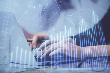 Aufkleber - Multi exposure of woman hands typing on computer and financial graph hologram drawing. Stock market analysis concept.