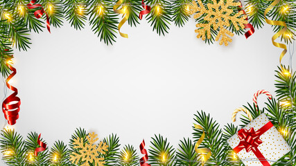 Wall Mural - Christmas background with realistic pine branches, shining garlands, gifts box, candy, glitter gold snowflake, tinsel. Template for Christmas and New Year greeting card, poster, postcard, banner