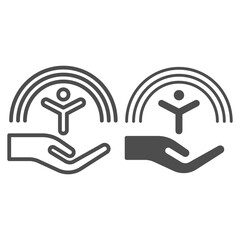 Poster - Man in palm under rainbow line and solid icon, life without addiction concept, anti drug sign on white background, Narcotics free people icon in outline style for mobile concept. Vector graphics.