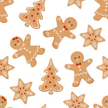 Gingerbread Men, Snowflakes And Christmas Trees Seamless Pattern. Christmas Or New Year Background. Festive Baked, Cute Design. 