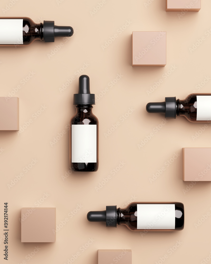 Minimal abstract mockup background for product presentation. Cosmetic bottle with beige cube on beige background. 3d rendering illustration. Clipping path of each element included. - obrazy, fototapety, plakaty 