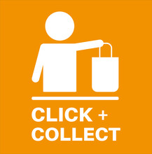 Click And Collect Internet And Online Shopping Concept On An Orange Background