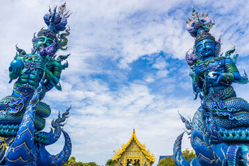 Wat Rong Seur Ten or Blue Temple is a famous temple and is a major tourist attraction of Chiang Rai Province, Thailand. Copy space background