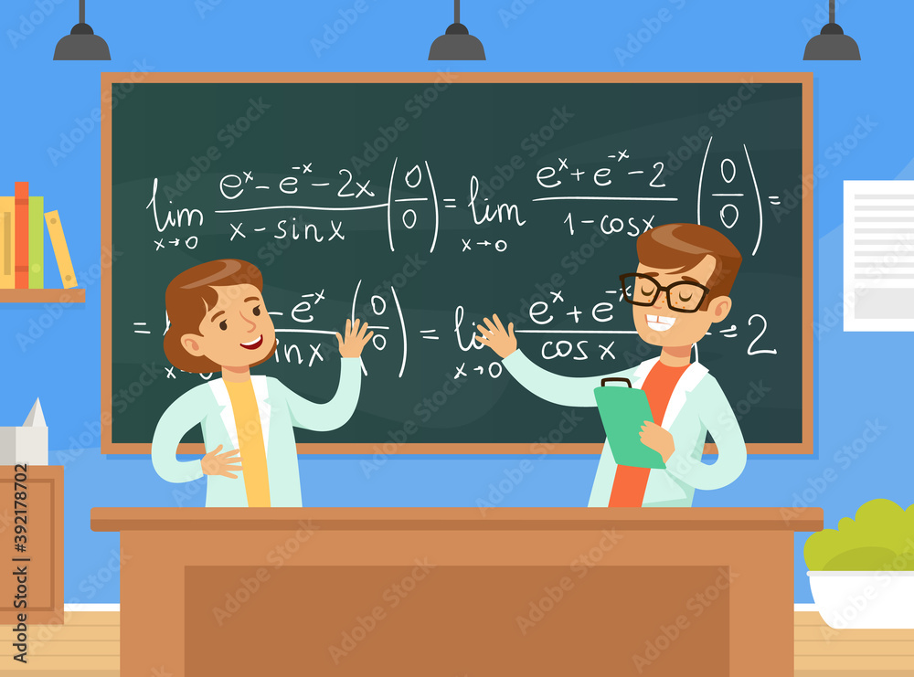 Boy and Girl Mathematicians Characters Writing Formulas On Blackboard ...