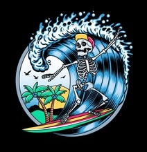 Surfing T-shirt Vector Designs. Vector Logo Illustration With Skeleton Surfer. Vintage Surfing Emblem For Web Design Or Print. Surfer Logo Templates. Surf Badge. Surfboard Elements.