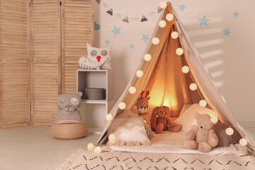 Wall Mural - Modern children's room interior with play tent and lights