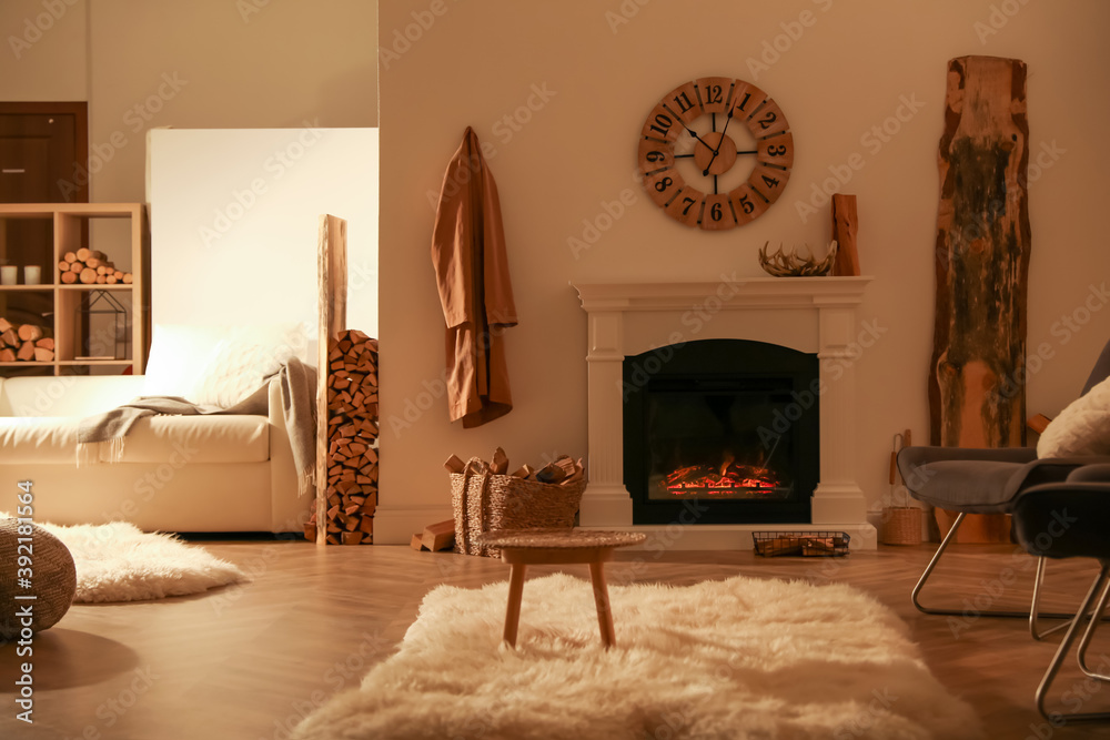 Beautiful view of cozy living room interior with fireplace - obrazy, fototapety, plakaty 