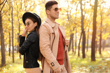 Wall Mural - Lovely couple walking in park on autumn day