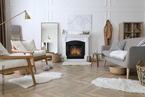 Fotomural Beautiful living room interior with fireplace and armchairs