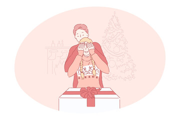 Wall Mural - Christmas present, gift, celebration of New Year and winter holidays concept. Smiling boyfriend cartoon character covering girlfriends eyes before showing holiday Christmas present box with ribbon