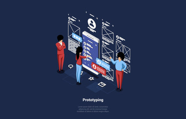 Poster - 3D Vector Art Of Mobile Application Development, Testing And Prototyping Process. Isometric Illustration In Cartoon Style. People Working On Project From Beginning. Big Smartphone And Infographics