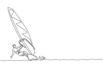 Poster - one single line drawing young sporty man play windsurfing in the sea beach vector graphic illustrati