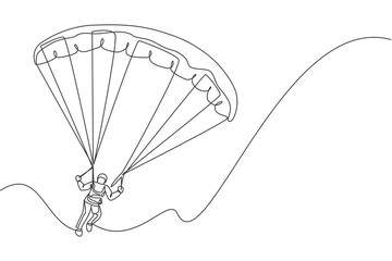 Poster - One continuous line drawing of young bravery man flying in the sky using paragliding parachute. Outdoor dangerous extreme sport concept. Dynamic single line draw design vector graphic illustration