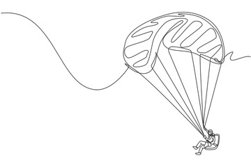 Poster - Single continuous line drawing of young tourist man flying with paragliding parachute on the sky. Extreme vacation holiday sport concept. Trendy one line draw design vector graphic illustration