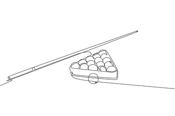 Poster - One single line drawing of triangle pyramid balls stack for pool billiards game at billiard room vector graphic illustration. Indoor sport recreational game concept. Modern continuous line draw design
