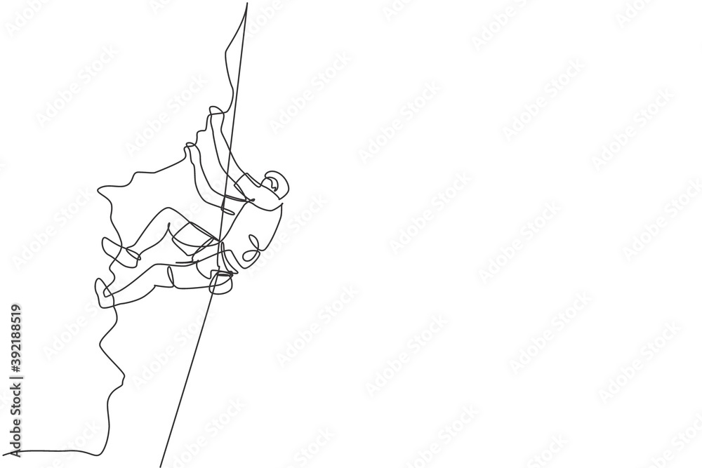 Single continuous line drawing of young muscular rockclimber man ...