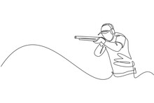 One Continuous Line Drawing Of Young Man On Shooting Training Ground Practice For Competition With Rifle Shotgun. Outdoor Shooting Sport Concept. Dynamic Single Line Draw Design Vector Illustration