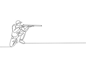 Poster - One single line drawing of young man practicing to shot target in range on shooting training ground vector graphic illustration. Clay pigeon shooting sport concept. Modern continuous line draw design