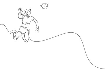 Poster - One single line drawing of young female professional volleyball player exercising jumping spike on court vector illustration. Team sport concept. Tournament event.  Modern continuous line draw design