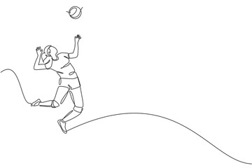 Poster - One single line drawing of young male professional volleyball player exercising jumping serve on court vector illustration. Team sport concept. Tournament event.  Modern continuous line draw design