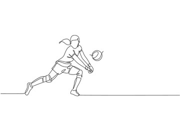 Poster - One continuous line drawing of young female professional volleyball player in action on court. Healthy competitive team sport concept. Dynamic single line draw design vector illustration graphic