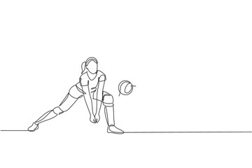 Poster - One single line drawing of young female professional volleyball player exercising block the ball on court vector illustration. Team sport concept. Tournament event.  Modern continuous line draw design