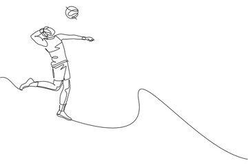 Poster - Single continuous line drawing of male young volleyball athlete player in action jumping spike on court. Team sport concept. Competition game. Trendy one line draw design vector graphic illustration