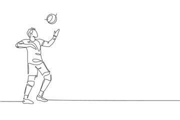 Poster - One continuous line drawing young male professional volleyball player in action serve ball on court. Healthy competitive team sport concept. Dynamic single line draw design graphic vector illustration
