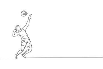 Poster - One continuous line drawing young male professional volleyball player in action serve ball on court. Healthy competitive team sport concept. Dynamic single line draw design vector graphic illustration