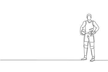 Poster - one continuous line drawing of young male professional volleyball player pose standing on court. hea