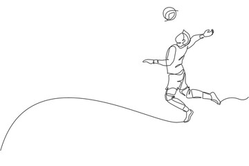 Poster - One single line drawing of young male professional volleyball player exercising jumping spike on court vector illustration. Team sport concept. Tournament event.  Modern continuous line draw design