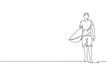 Poster - Single continuous line drawing of young professional surfer walking and carrying surfboard at sandy beach. Extreme watersport concept. Summer vacation. Trendy one line draw design vector illustration