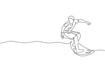 Poster - single continuous line drawing young professional surfer in action riding the waves on blue ocean. e