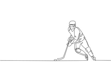 Poster - One continuous line drawing of young professional ice hockey player exercising and practicing on ice rink stadium. Healthy extreme sport concept. Dynamic single line draw design vector illustration
