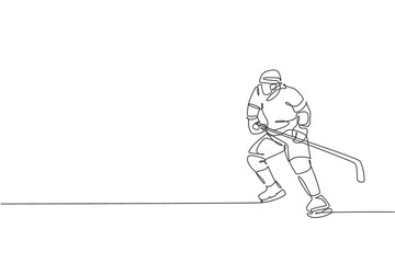 Wall Mural - One continuous line drawing of young professional ice hockey player exercising and practicing on ice rink stadium. Healthy extreme sport concept. Dynamic single line draw design vector illustration