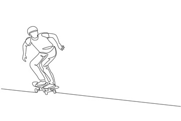 Poster - one continuous line drawing of young cool skateboarder man riding skateboard and doing a trick in sk