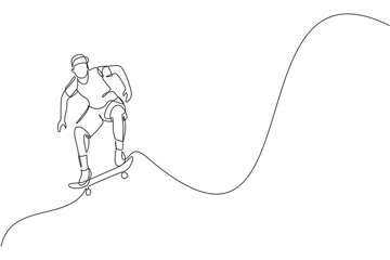 Poster - Single continuous line drawing of young cool skateboarder man riding skate and performing trick in skate park. Practicing outdoor sport concept. Trendy one line draw design vector graphic illustration
