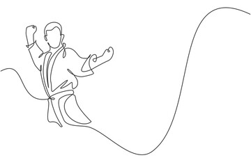 Poster - One single line drawing of young sporty karateka man in fight uniform with belt exercising martial art at gym vector illustration. Healthy sport lifestyle concept. Modern continuous line draw design