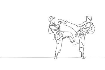 Poster - Single continuous line drawing two young confident karateka men in kimono practicing karate combat at dojo. Martial art sport training concept. Trendy one line draw design vector graphic illustration