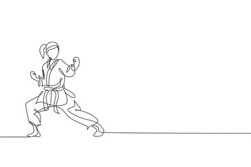 Poster - one single line drawing of young sporty karateka girl in fight uniform with belt exercising martial 