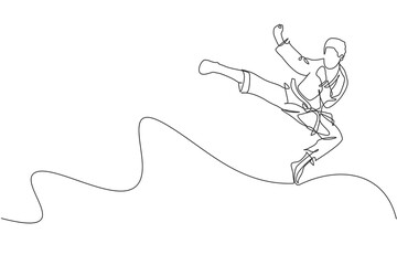 Poster - Single continuous line drawing of young confident karateka man in kimono practicing karate combat at dojo. Martial art sport training concept. Trendy one line draw graphic design vector illustration