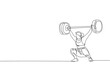 One single line drawing of fit young athlete muscular woman lifting barbells working out at a gym vector illustration. Weightlifter preparing for training concept. Modern continuous line draw design