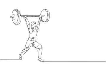 Poster - one continuous line drawing of young bodybuilder man doing exercise with a heavy weight bar in gym. 