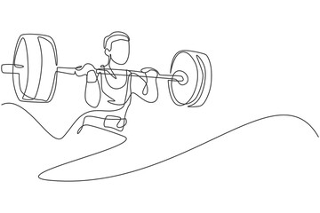 Poster - One single line drawing of fit young athlete muscular man lifting barbells working out at a gym vector illustration. Weightlifter preparing for training concept. Modern continuous line draw design